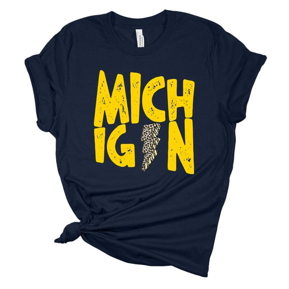 Womens Michigan Distressed Lightning Football Team Color Ladies Short Sleeve T-shirt-Navy Blue-small