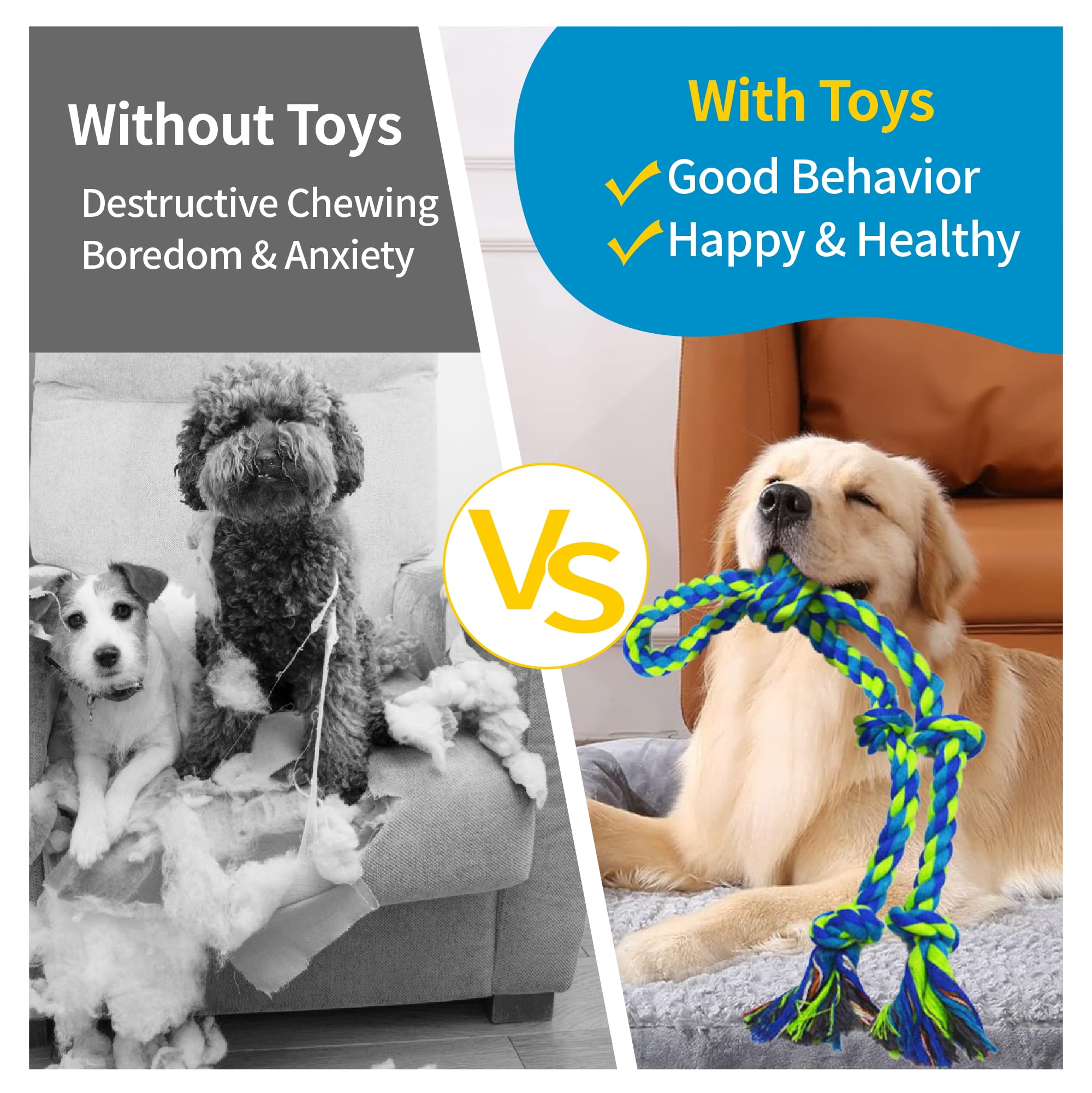 Dog Rope Toys 3-Pack for Aggressive Chewers, Tough Dental Chew & Tug of War Toy for Large Dogs