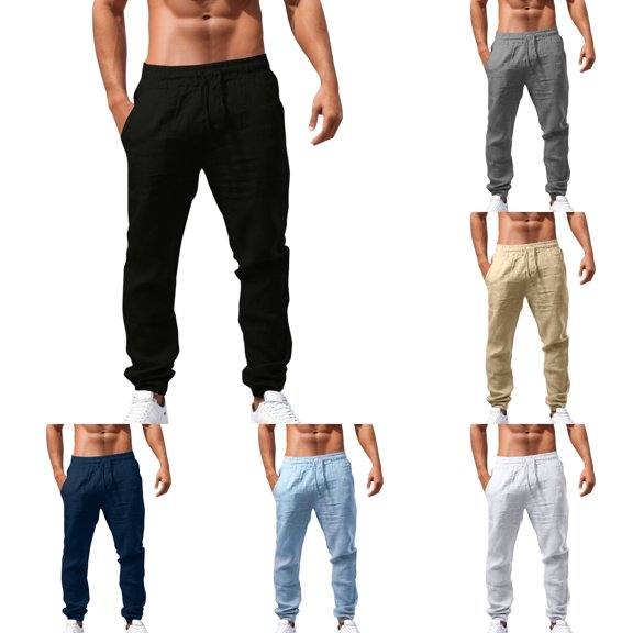 Huanglei Mens Drawstring Waist Pants ,Elastic Solid Cotton Men's Color Pants Loose Casual (Black ,Large)