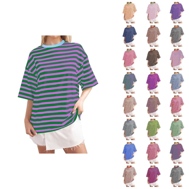T-shirt Rayé pour Femmes 2026 Été Tendance Manches Courtes Col Rond Confortable Léger