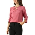 thumbnail image 5 of CURVOSPORT Women's Dressy Shirt Work Office Top Keyhole Pleated Front Ruched 3/4 Sleeve Chiffon Blouse M Dark Pink, 5 of 7