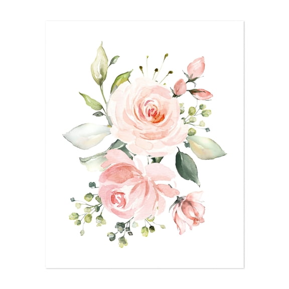 Pink Flowers, Watercolor Flowers, Pink Roses, Greenery, Girl Nursery - Illustration Floral Watercolor Flowers Botanical Pastel Garden Unframed Wall Art Print 6 x 8 inches