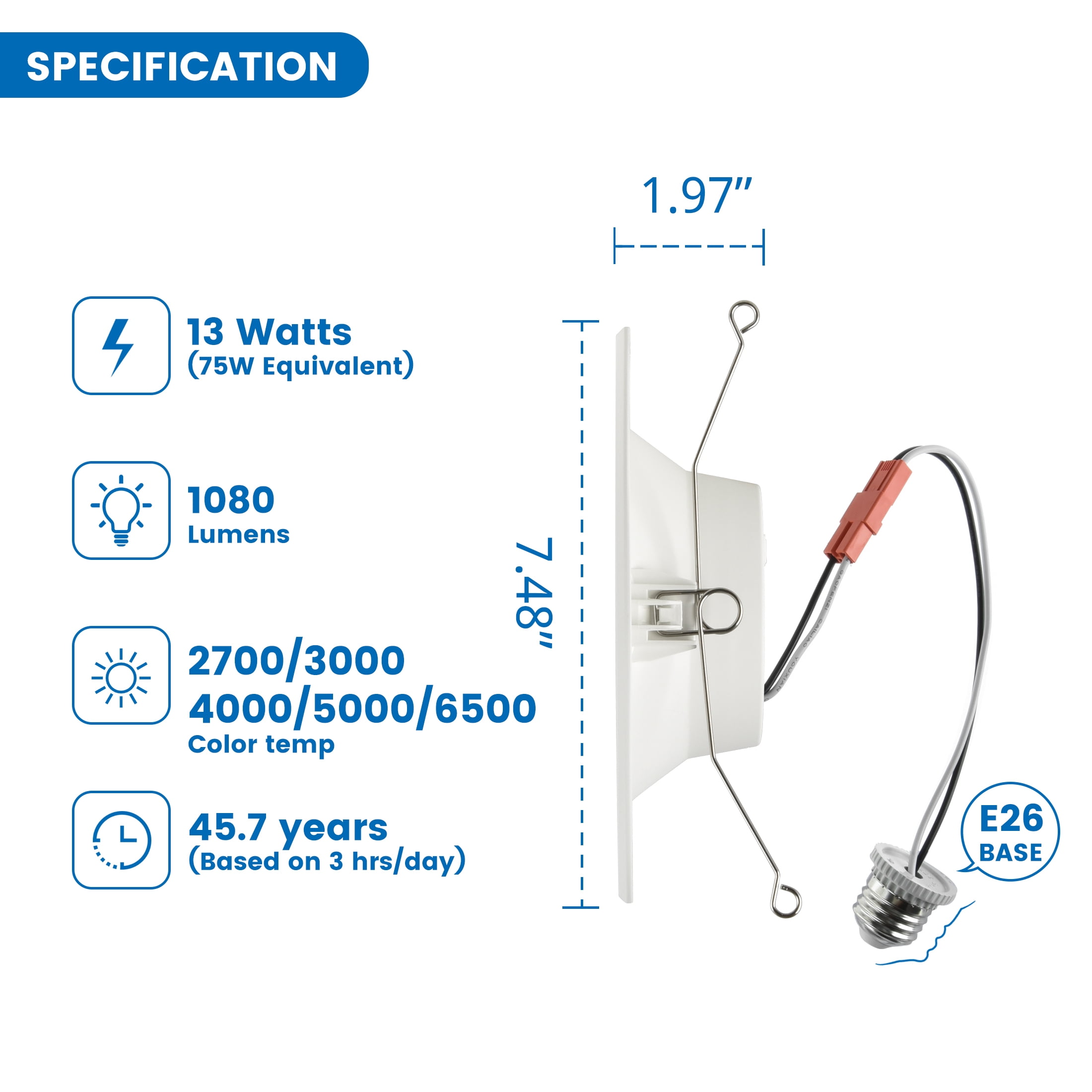 Great Value 6" LED 13W (75W Replacement) Adjustable Color Temperature Color Selectable E26 Medium Base Retrofit Downlight, 4 Count