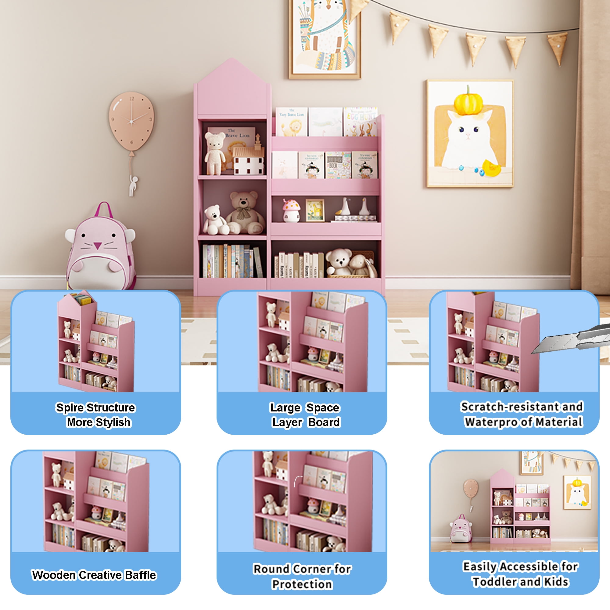 Aukfa Kids Bookshelf and Toy Storage,Wood Storage Organizer for Playroom Bedroom,Yellow