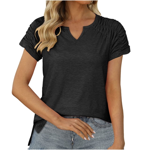 EQWLJWE Hauts à Col en V pour Femmes Hauts Décontractés Amples à Manches Courtes Col en V Uni Blouse Décontractée T-shirt Tunique Hauts d'Été pour Femmes 2023