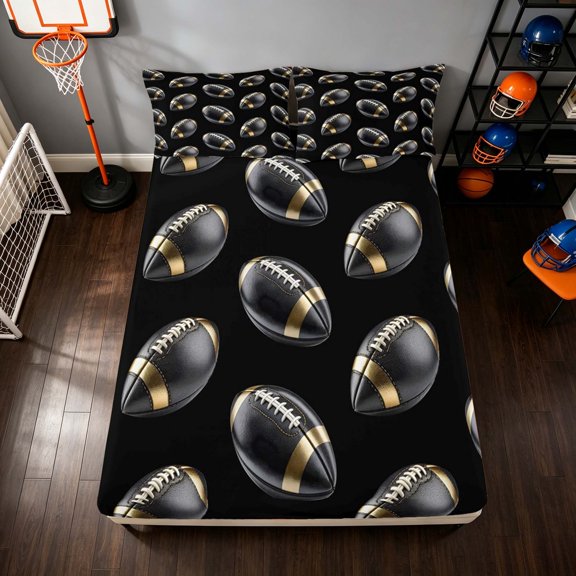 Manfei Boys Rugby Fitted Sheet Full, Sports Game Bed Set, Black Gold Cream 3pcs, 1 Fitted Sheet and 2 Pillowcases