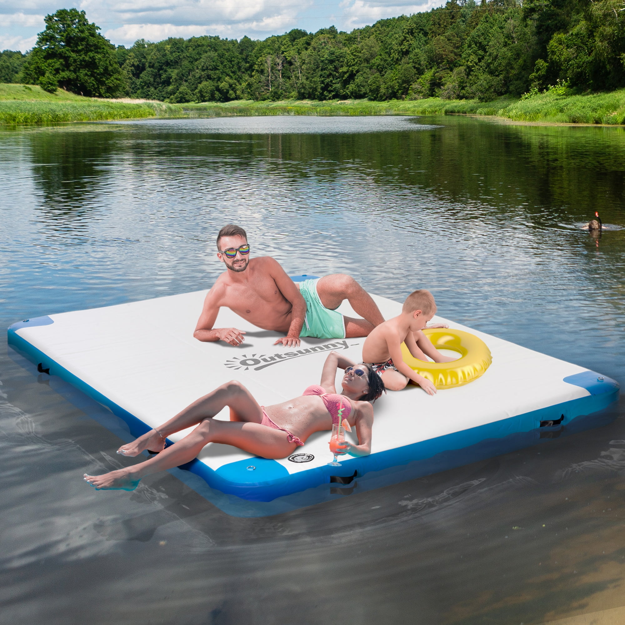 Water Inflatable Floating Dock, Inflatable Platform Island, Large Floating Mat Raft with Air Pump & Backpack, for Pool, Beach, Ocean