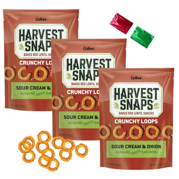 Harvest Snaps Crunchy Loops Baked Red Lentil Snacks Sour Cream & Onion Flavor, On the Go Snacking Stuffer Party Treat Dip Chips 2.5 oz 3 Packs with 2 Snoep in Beperkte Oplage