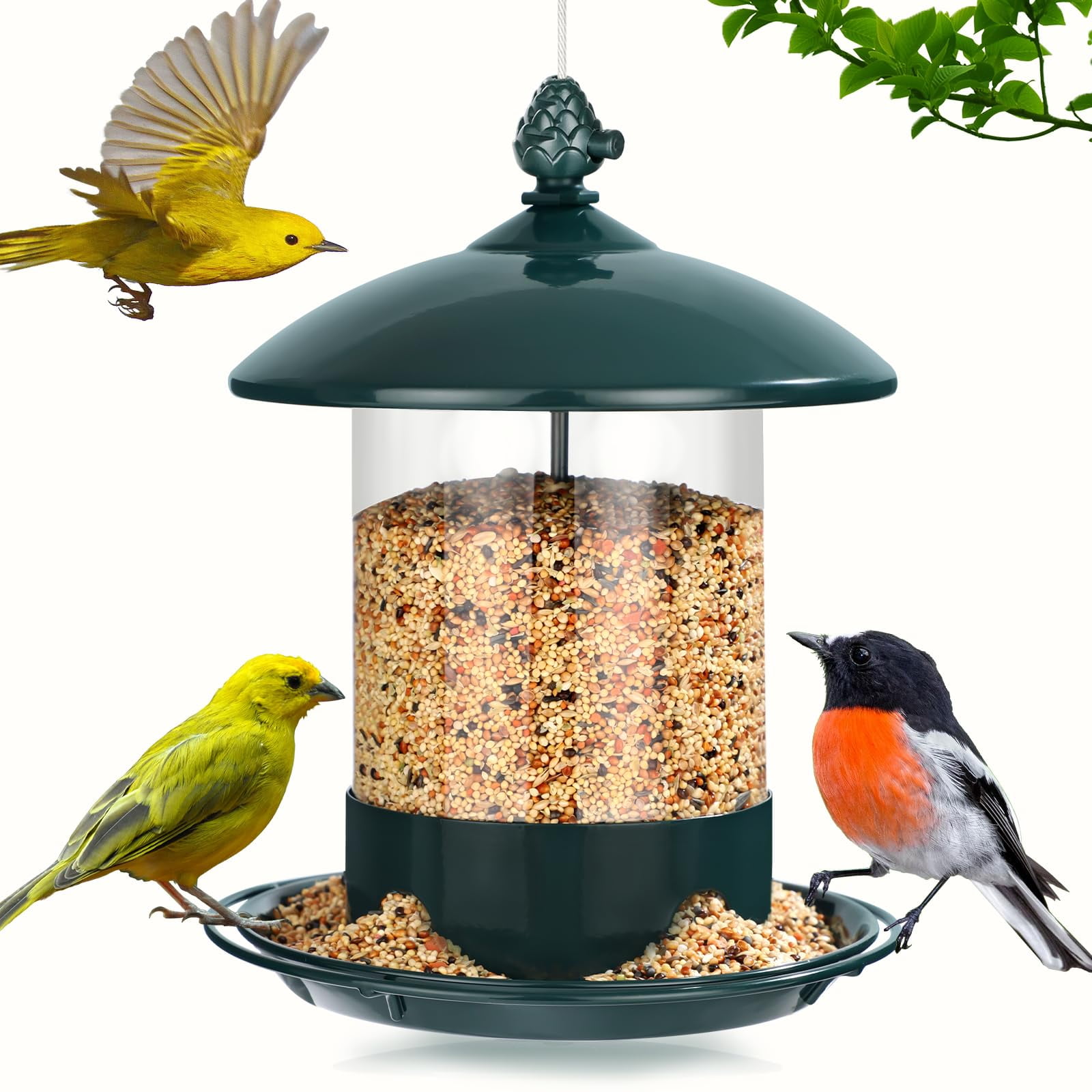 Hanging Metal Bird Feeder for Outdoors, Weather Resistant Wild Bird Feeder with 360 Degree Feeding Tray, Multi Bird Perch Design for Backyard Garden Attracting Finches, Sparrows and Cardinals