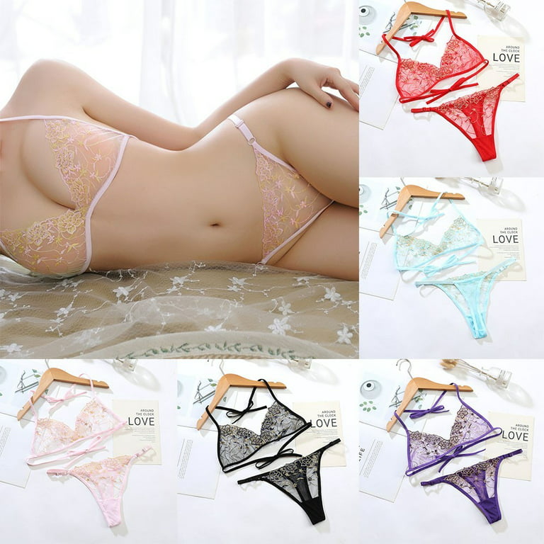 Women Lace G-String Underwear Bikini Set Bra Top Thong Lingerie
