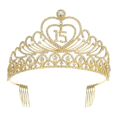 - LuckyFine Princess Girls 15 Birthday Tiara Crown Quinceanera Tiara Crown Gold Crystal Diamond Tiara