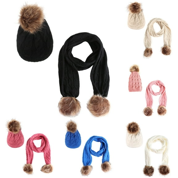 Winter Outdoor Baby Boy Girl Cute Pompom Warm Knitted Beanie Cap Scarf Set