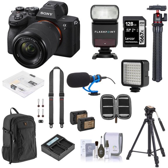 Sony Alpha a7 IV Full Frame Mirrorless Digital 4K Camera with FE 28-70mm Lens - Bundle with 128GB SD Card, Backpack, 2x Extra Battery, Charger, Tripod, Flash, Strap, Mic, and More (15 Items)