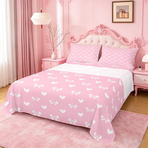 Manfei Pink Bow Heart Full Size Sheets For Girls,Dreamy Princess Style Print Bed Sheets For Kids,4-Piece