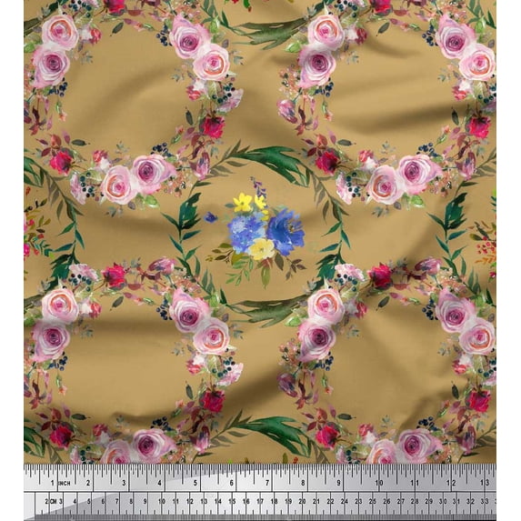 Soimoi Brown Cotton Voile Fabric Floral Wreath Flower Print Fabric by Yard 42 Inch Wide