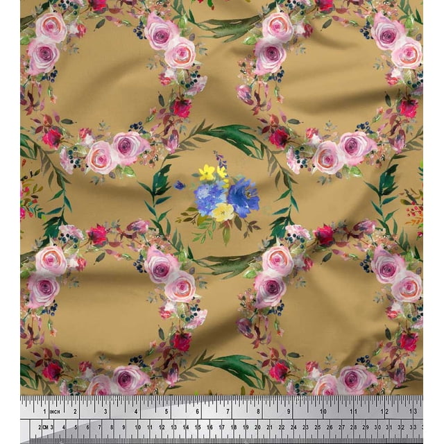 Soimoi Brown Poly Georgette Fabric Floral Wreath Flower Decor Fabric Printed BTY 42 Inch Wide