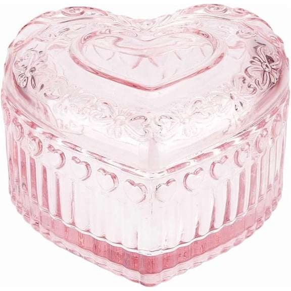 1Pc Vintage Glass Trinket Organizer Box 3.7x3.56x2.26 Inch Romantic Pink Glass Storage Box Embossed Heart Storage Boxes for DIY Women Rings Earrings Bracelet Necklace Desk Display