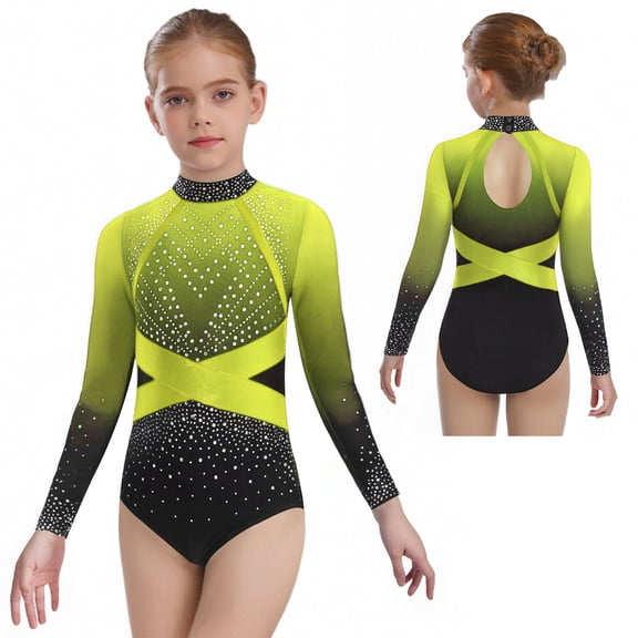 Aislor Leotards for Girls Gymnastics Ballet Dance One Piece Shiny Rhinestones Long Sleeve Bodysuit Activewear Yellow 10