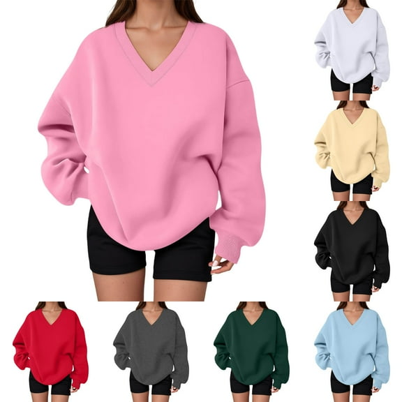 Gyexs Oversized Sweatshirt for Women Plus Size V Neck Long Sleeve Drop Shoulder Pullover Hoodies Trendy Winter Clothes, Beige, Size L
