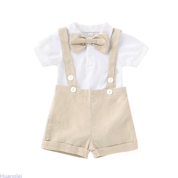 Huanglei Baby Boys Formal Suit Set Short Sleeve Romper Suspenders Shorts Pants Bowtie Wedding Tuxedo Outfits Clothes Toddler Boys Clothes ,18-24 Months ,Beige