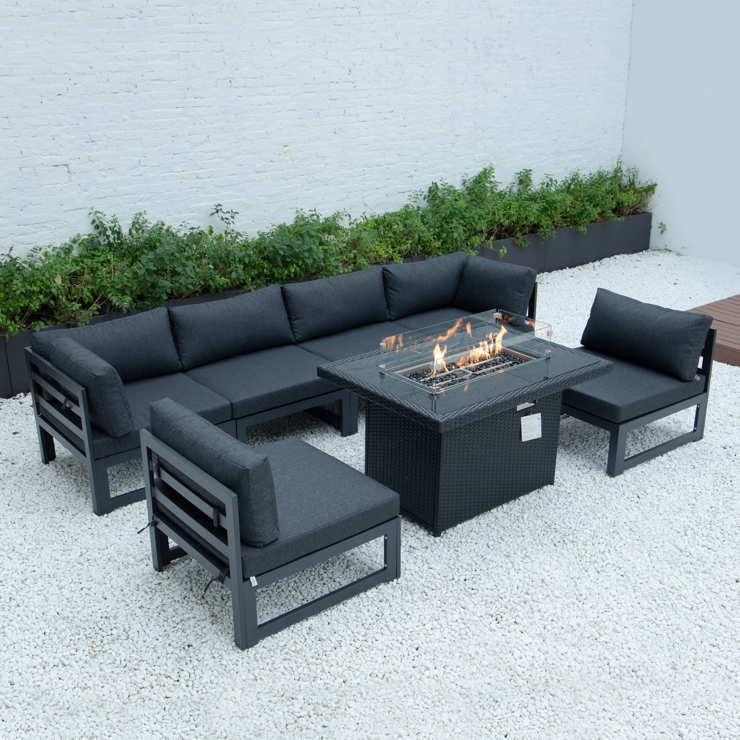 LeisureMod Wicker 55,000 BTU Fire Pit Table with Removable Lid and Tempered Glass Shield Propane Tank Storage for Modern Home, Patio, Backyard Garden Mace Collection in Black