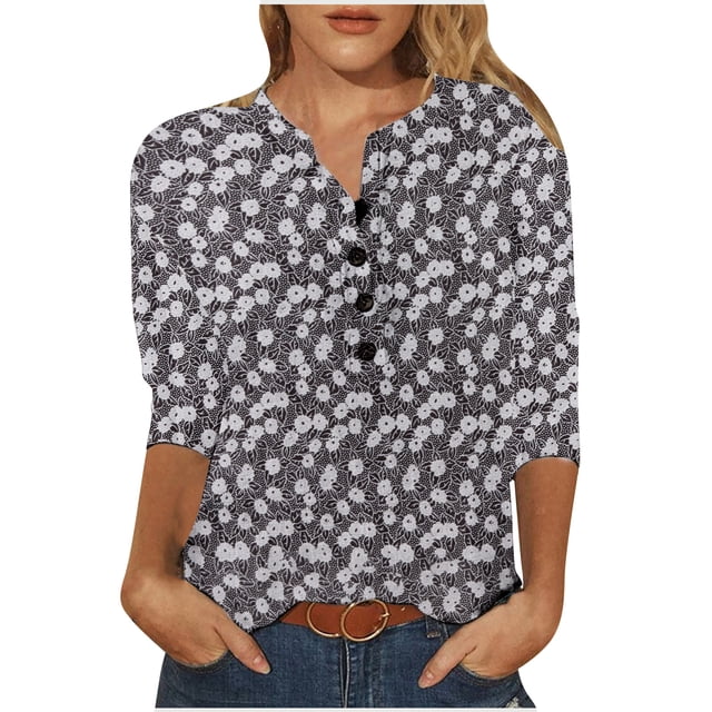 Mujeres Casual Impreso Cuello en V Manga larga Suéter Botones Blusa suelta Camiseta Tops Fridja hkj3439