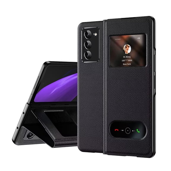 MonsDirect for 7.6 inch Samsung Galaxy Z Fold 2 5G 2020 Case, Nappa Leather with Flip Folding Magnetic Face Cover, Window Design with Hidden Kickstand Full Protective for Galaxy Z Fold 2, Black