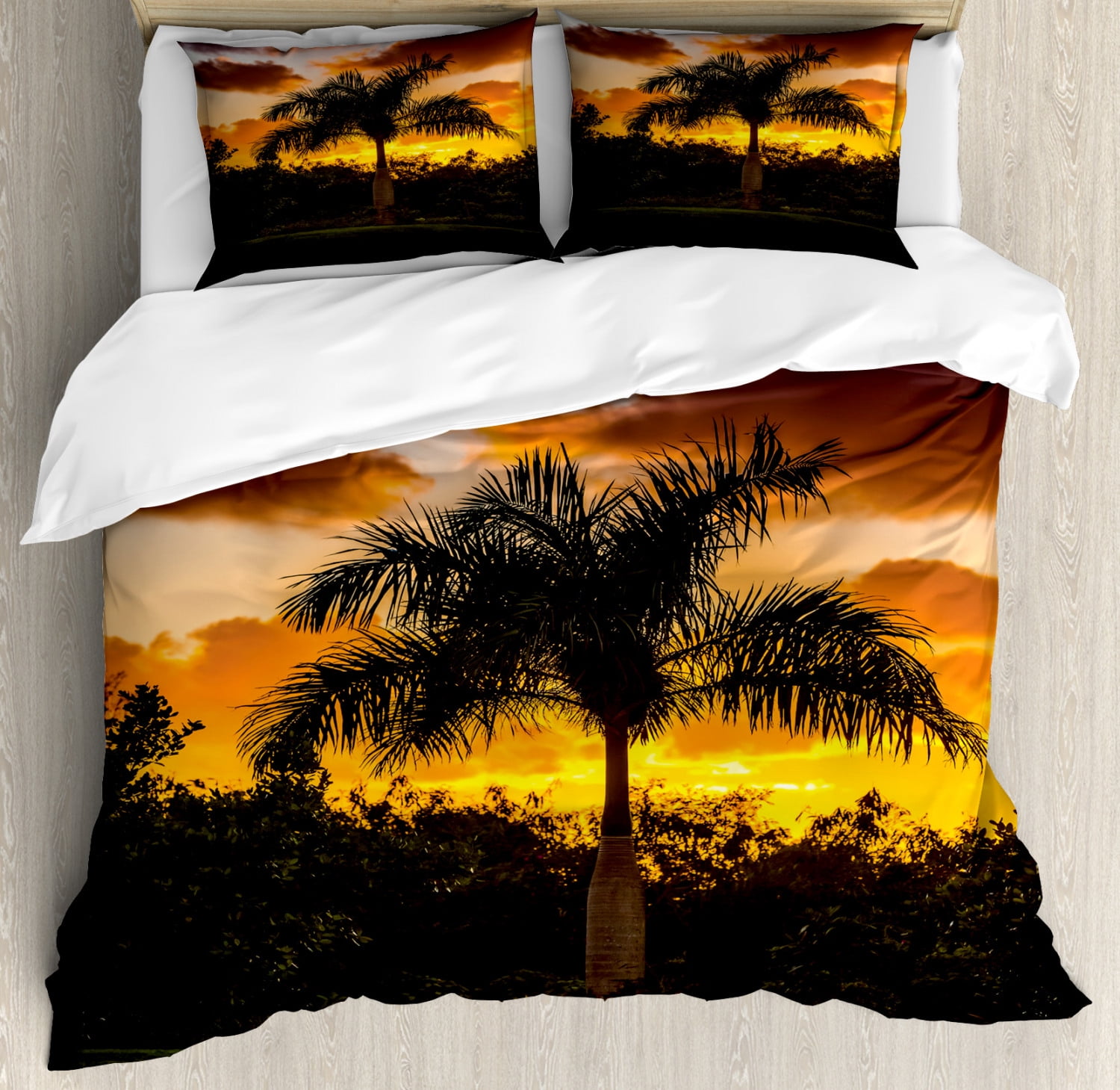 Palm Tree Decor Queen Size Duvet Cover Set, Palm Tree Silhouette Scene