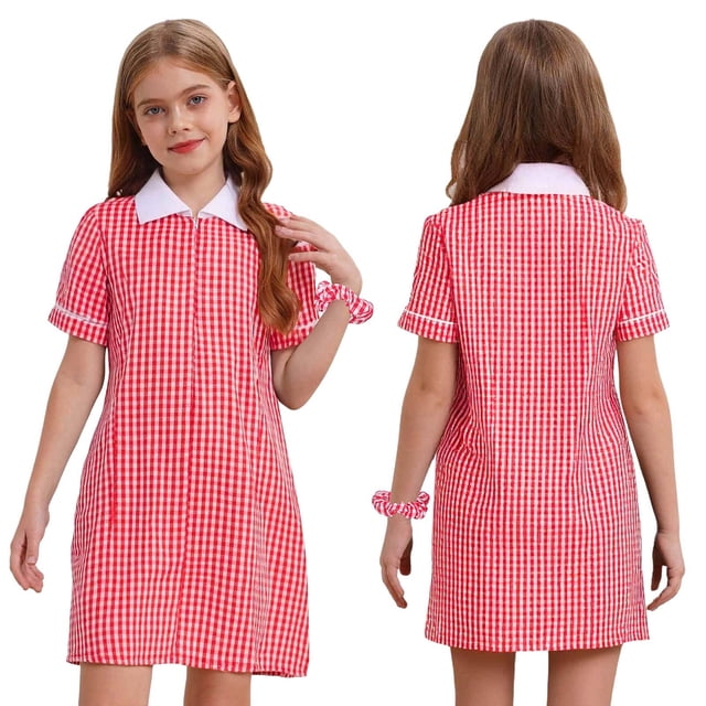 HULIJA Robe Chemise à Carreaux Plissée pour Petites Filles avec Bandeau Élastique Col Rabattu Robe à Volants Rouge 16