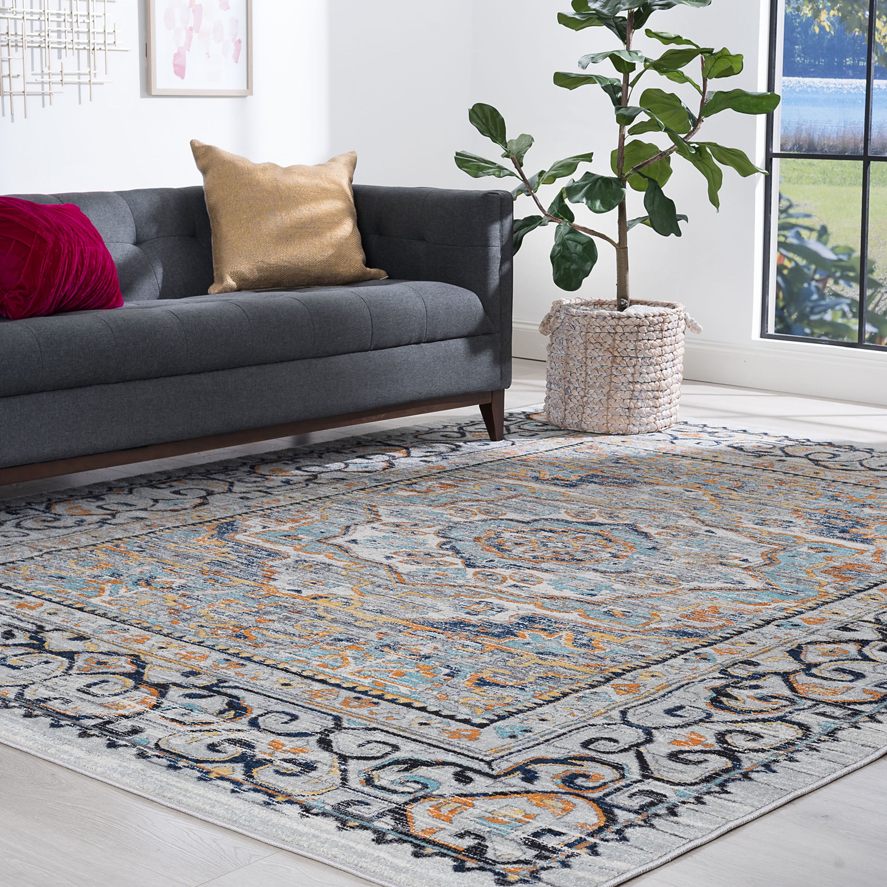 Transitional 8x10 Area Rug (7'10'' x 10'3'') Medallion Blue, Gray Living Room Easy to Clean