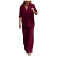 thumbnail image 1 of Traje informal de pantalón ancho de color liso para mujer: conjunto de dos piezas con top a juego, poliéster, corte holgado, estilo informal de oficina, 1 of 6