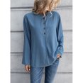 thumbnail image 2 of Women Long Sleeve Casual Blouse Single Breasted Half Button Pure Color Blouse Shirt Pullover Crewneck Blouse Top for Home Office Blue S, 2 of 6