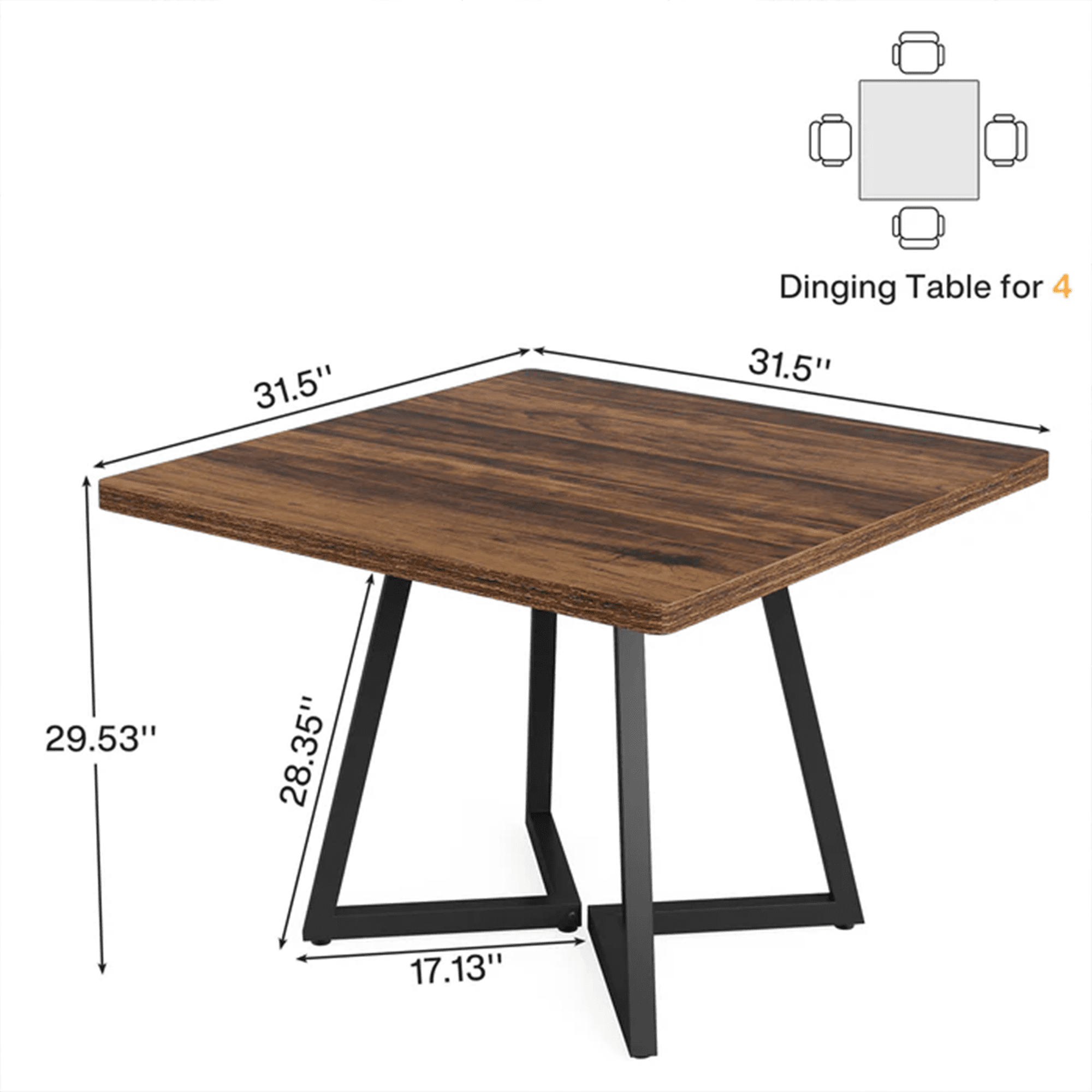 31.5 Inch Square Dining Table, Industrial Style Small Kitchen Table With Sturdy Metal Base, Space-Saving Dinner Table For 2-4 People, Brown Finish For Modern & Rustic Decor