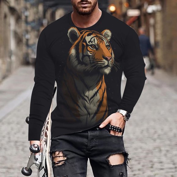 Meichang T-Shirt à Manches Longues pour Hommes, T-Shirts Graphiques pour Hommes Vintage à Impression 3D, T-Shirts Mode à Col Rond, Grandes Tailles, Chemises à Manches Longues pour Hommes