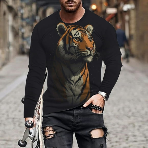Meichang Long Sleeve T Shirt Men Graphic,Graphic Tees for Men Vintage 3D Print T-Shirts Fashion Round Neck Big and Tall Long Sleeve Shirts for Men