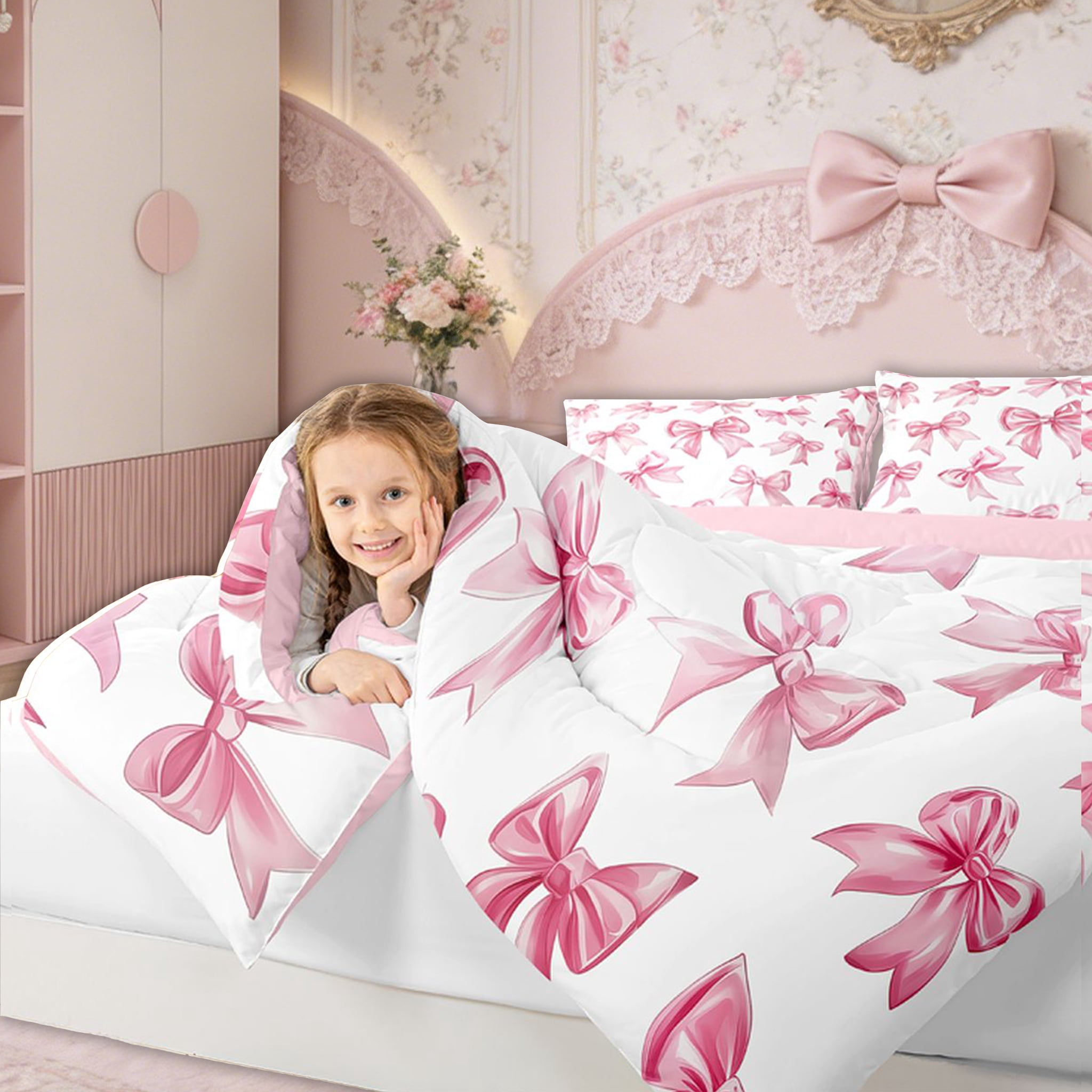 Erosebridal Kawaii Bowknot Bedding Set Dreamy Princess Style Comforter Set Full Teen Women,Girly Cute Bow Bedding Comforter Sets Pink Bow Tie Bed Duvet Set 2 Pillow Cases