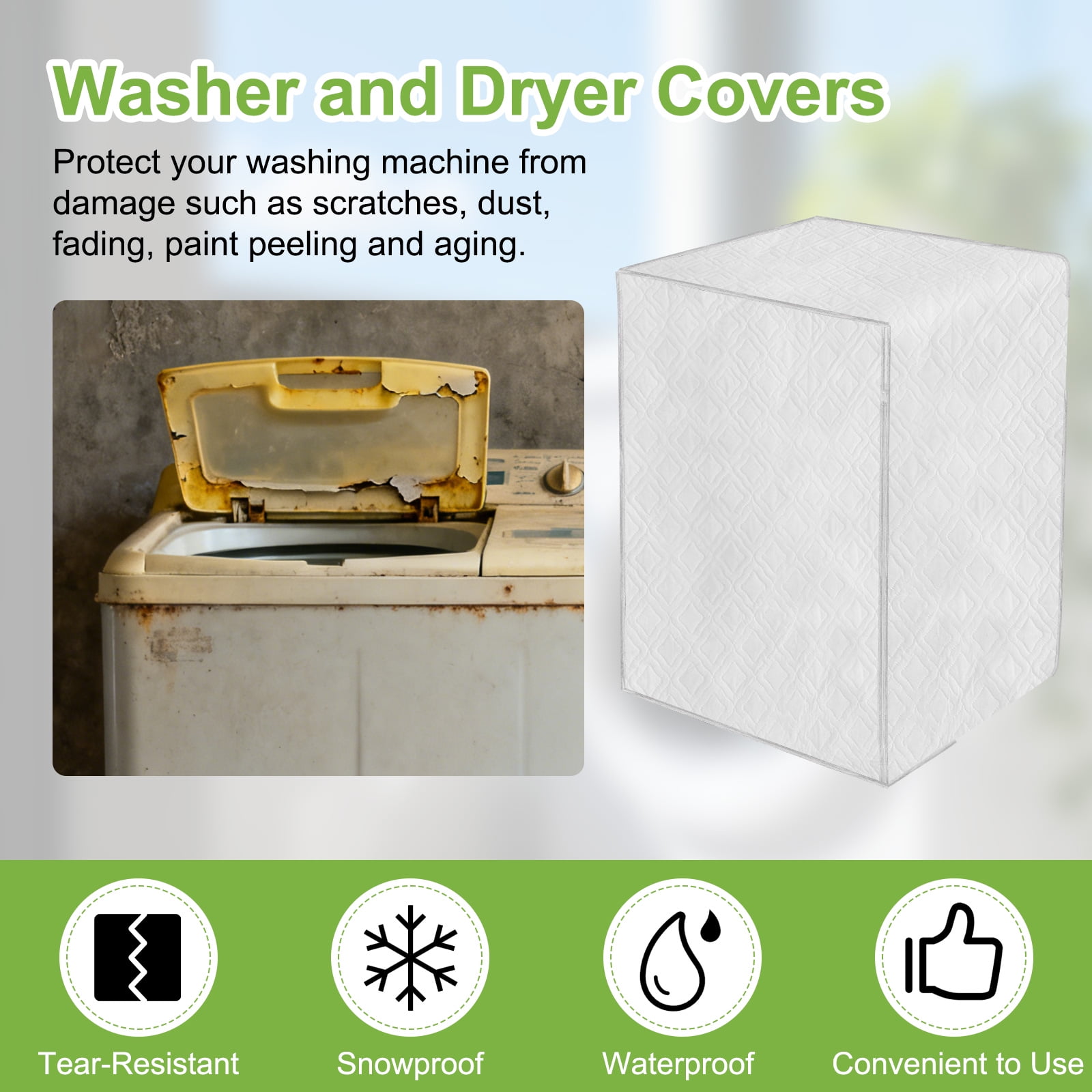 Washer and Dryer Covers 24"x24"x33"- Waterproof, Dustproof PEVA Front Load Washing Machine Cover with Zipper for Laundry Room Balcony, White