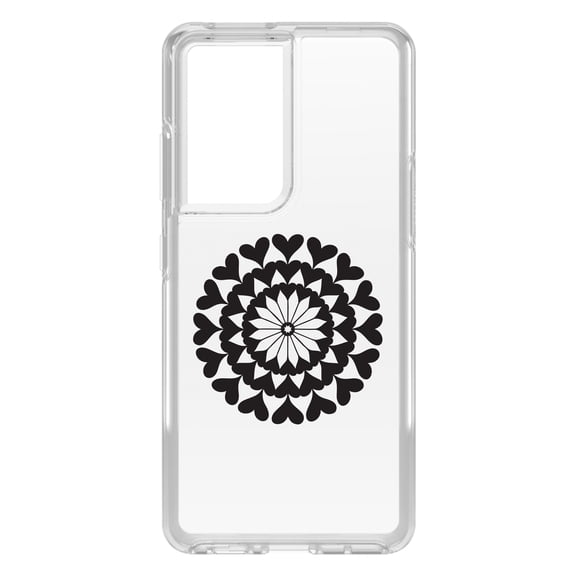 DistinctInk Clear Shockproof Hybrid Case for Galaxy S21 ULTRA 5G (6.8" Screen) - TPU Bumper Acrylic Back Tempered Glass Screen Protector - Black Hearts Mandala