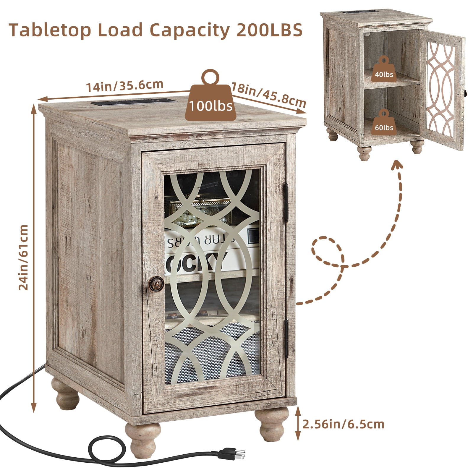 Narrow Side Table with Charging Station, End Table with Storage Night Stand with USB Ports and Outlets Small Wooden Cabinet for Living Room, Bedroom, Grey