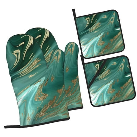 

Fotbe Green And Gold Marble for 4Pcs Oven Mitts and Pot Holders 500℉ Heat Resistant Oven Mitts Non-Slip Silicone Surface Safe for Baking Cooking BBQ