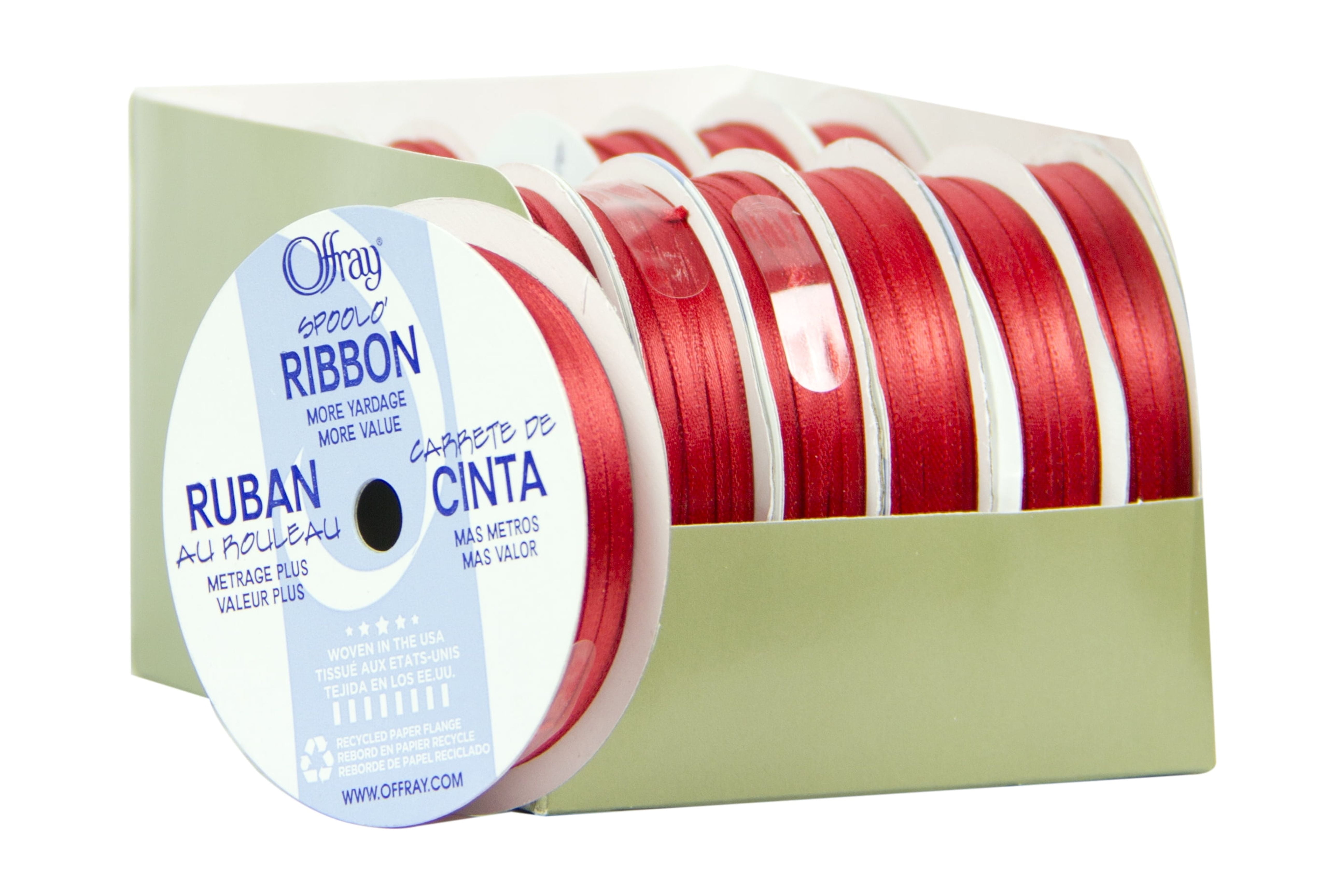 Offray Ribbon, Red 1/8 inch Double Faced Satin Polyester Ribbon, 10 yards