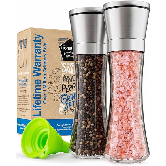 Premium Stainless Steel Sea Salt and Pepper Grinder Set of 2 - Adjustable Ceramic - Tall Glass Salt and Pepper Shakers - Kitchen Spice Mill W/Funnel & EBook