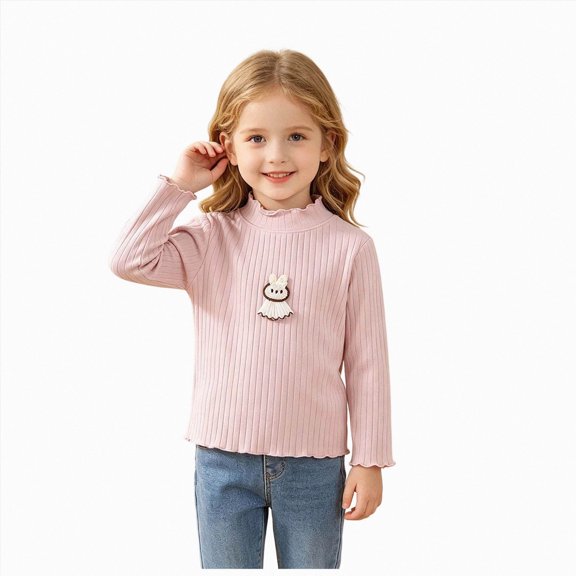mgoYE Girls' Lettuce Trim Ribbed Shirts Cotton Blend Long Sleeve Crew Neck Base Layer Slim Fit Trendy Tops(Pink,18-24 Months)