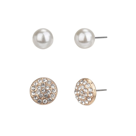 Time and Tru Adult Women's 2 Pair Gold Tone Faux Pearl and Crystal Metal Earring Set