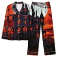 thumbnail image 2 of Womens Halloween Pajamas Theme Full Printed Long Sleeve Pocket Button Down Lapel Shirts Loose Casual Pants 2 Pc Home Fall Winter Sleepwear Comfy Silk Loungewear Sets Woman Orange M, 2 of 3
