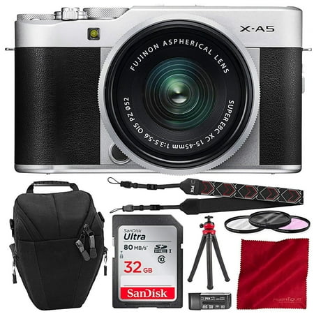 Fujifilm X-A5 Mirrorless Digital Camera (Silver) with 15-45mm Lens Bundled with SLR Case, 32GB Card, Mini Tripod, and other