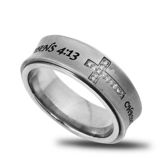 PHILIPPIANS 4:13 CHRIST MY STRENGTH Matte Finish Spinner Ring, Steel with CZ Cross