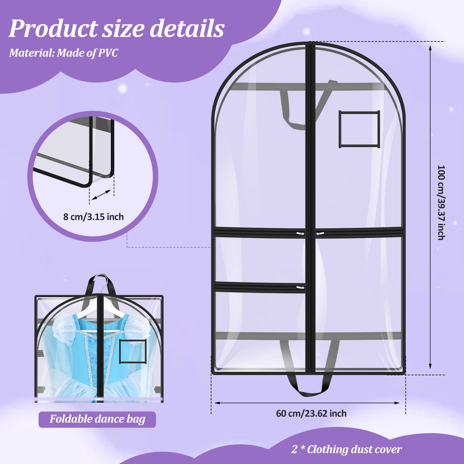 Austok 2Pcs Garment Bag with 3 Pockets Clear 40 Inch Long Clothes Cover Multipurpose Dance Garment Bags for Hanging Gown Coat Suit Jacket