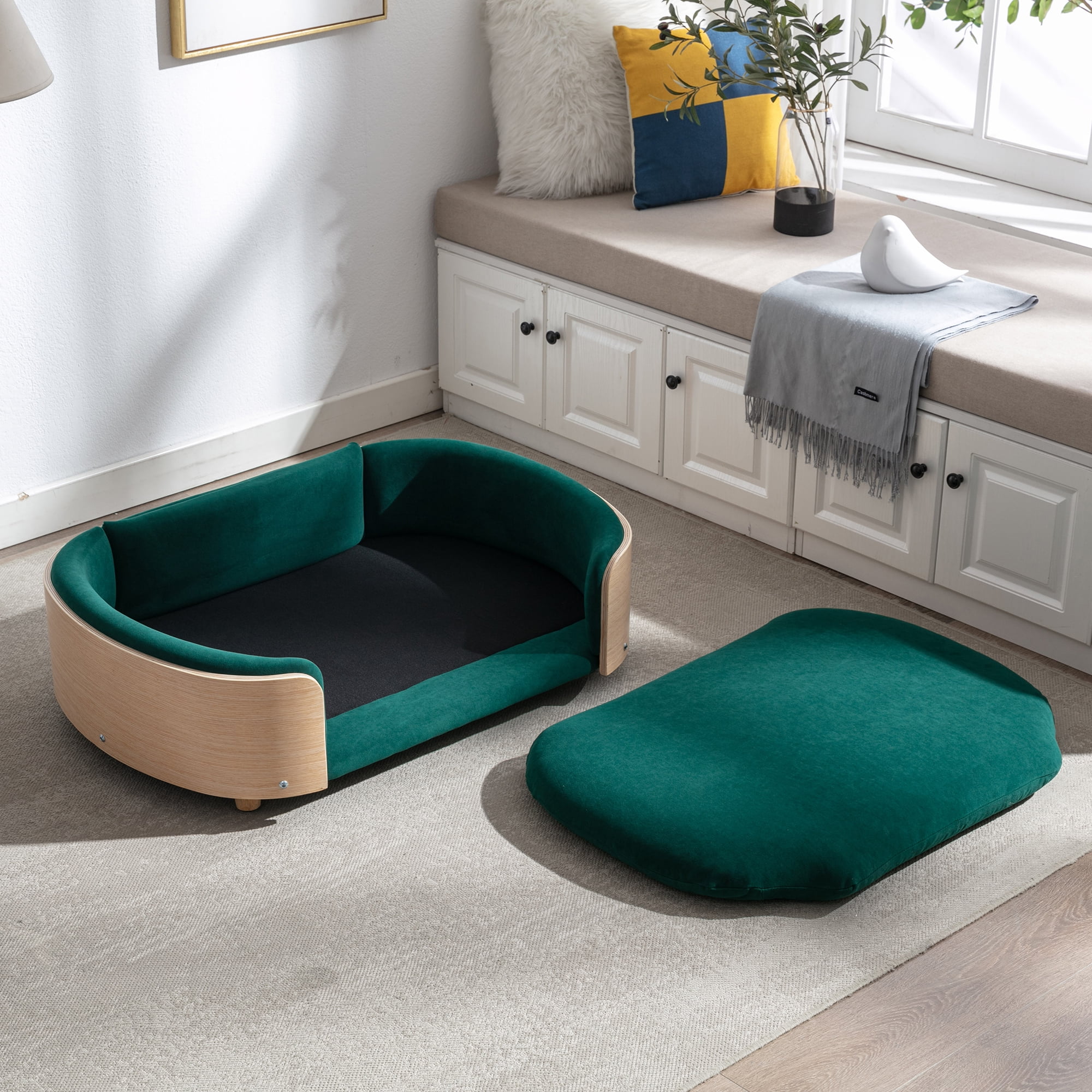 Pefilos 38" Elevated Dog Bed Pet Sofa with Solid Wood Legs and Bent Back, Cat Sofa Bed Velvet Cushion Couch Furniture, Green