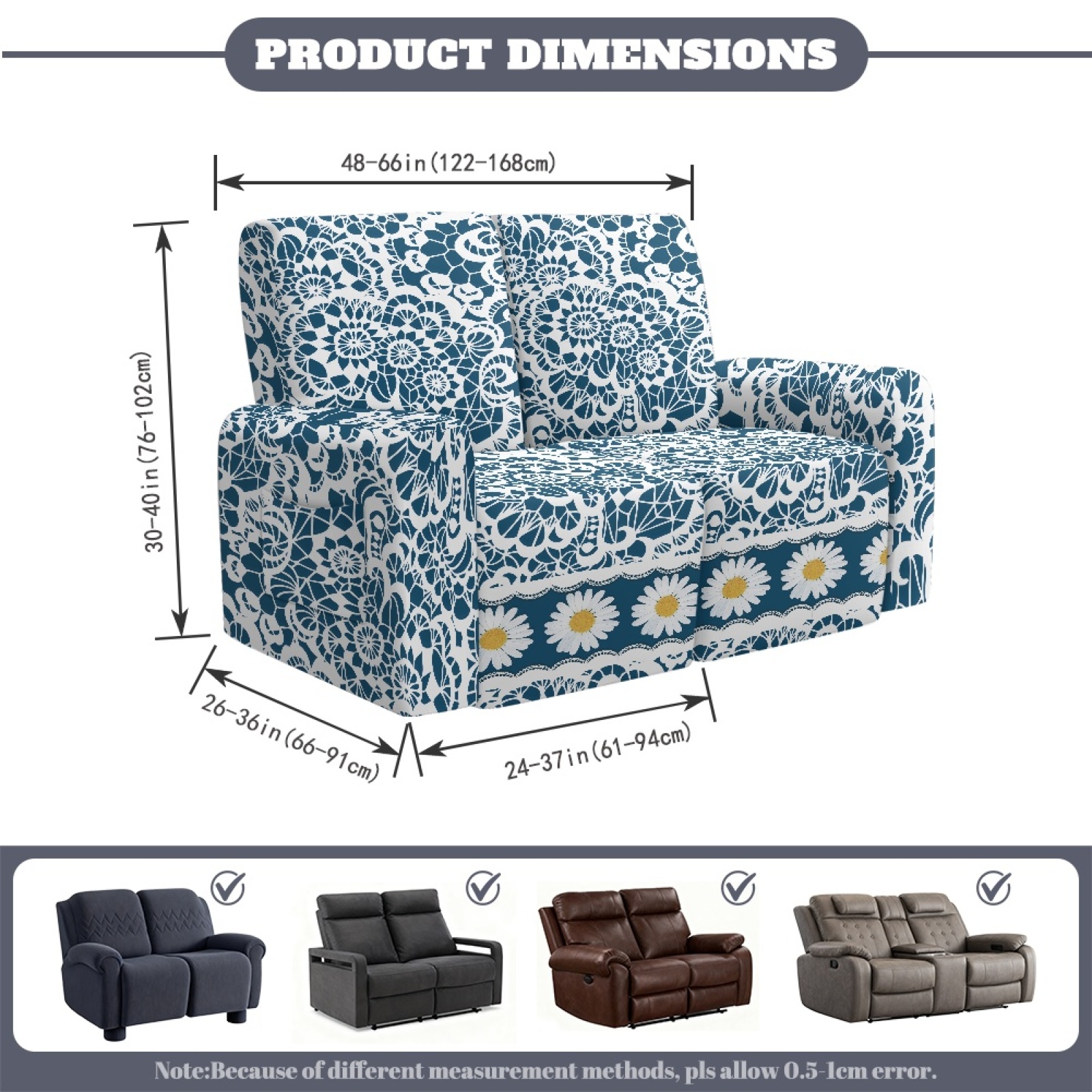 Xoenoiee Blue Daisy Floral Print Reclining Loveseat Cover, Stretch Loveseat Recliner Covers 2 Seater Loveseat Covers for Reclining Loveseat with Pockets Soft Double Recliner Cover for Kids, Pets
